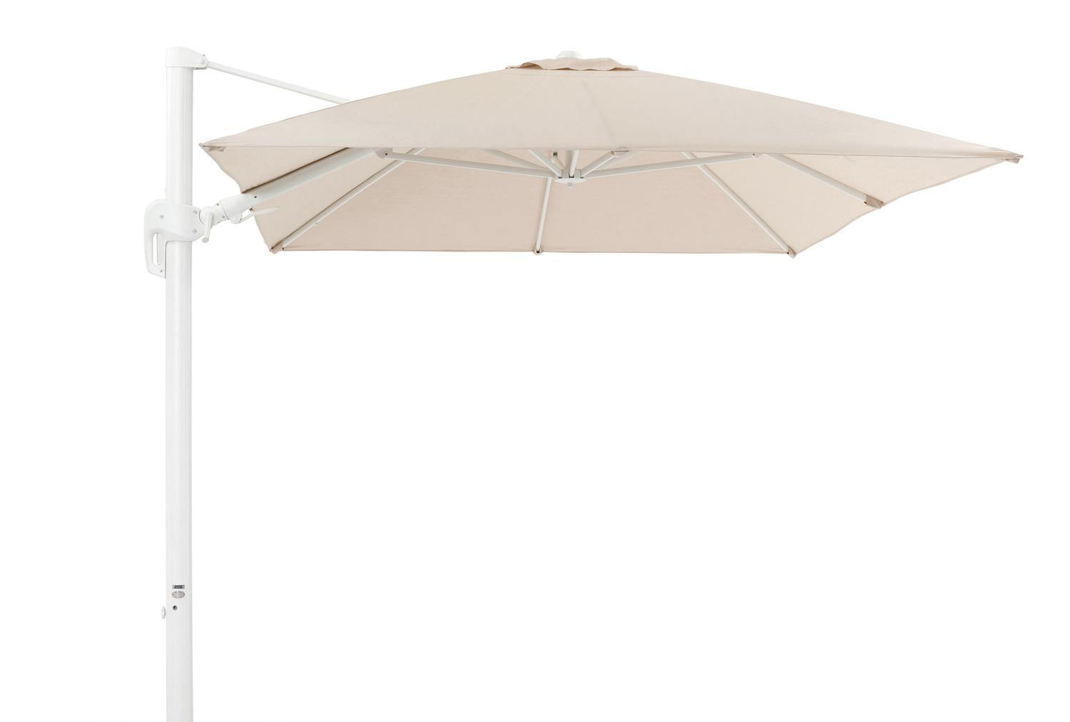 Rufina zweefparasol met tiltfunctie in wit aluminium met beige all weather sunbrella® premium parasoldoek - L1 350 x L2 250 cm (zonder voet)