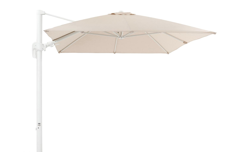 Rufina zweefparasol met tiltfunctie in wit aluminium met beige all weather sunbrella® premium parasoldoek - L1 350 x L2 250 cm (zonder voet)