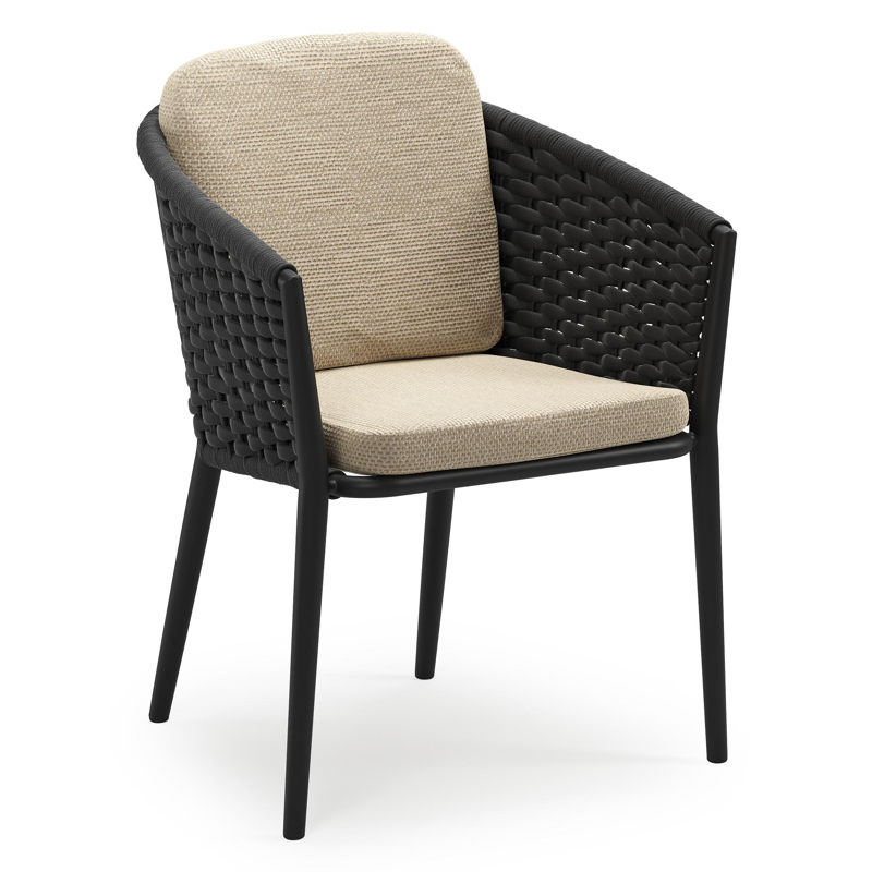 Chaise de jardin empilable Orso en aluminium noir et corde ronde tissée horizontalement noir avec coussin en All Weather Cosytica Althea Camel