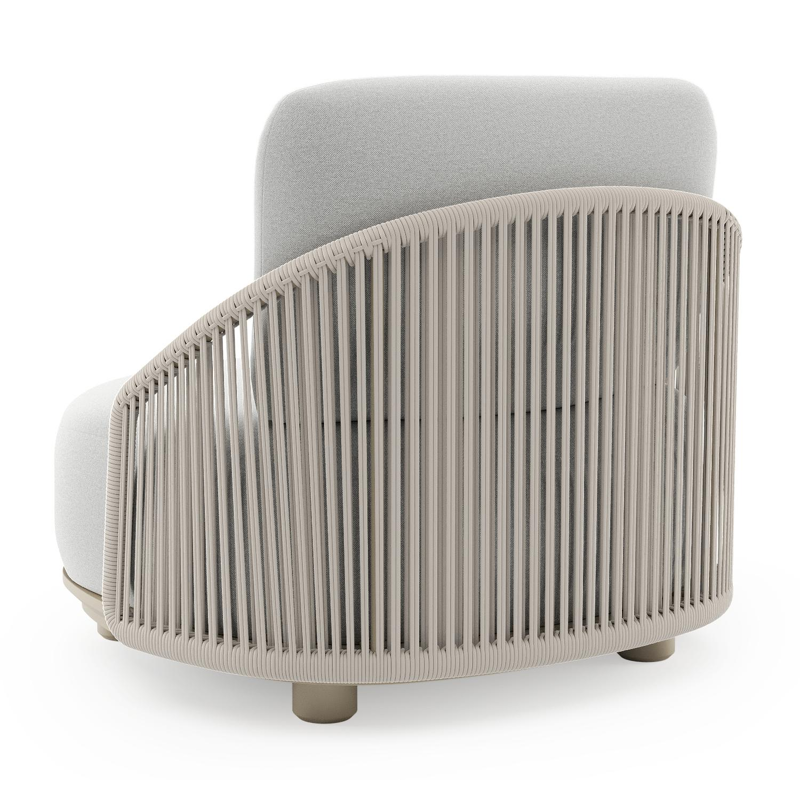 Fauteuil de jardin Vadelo en aluminium beige et corde ronde tissée verticalement beige et coussins en all weather sunbrella® luxe natte grey chine