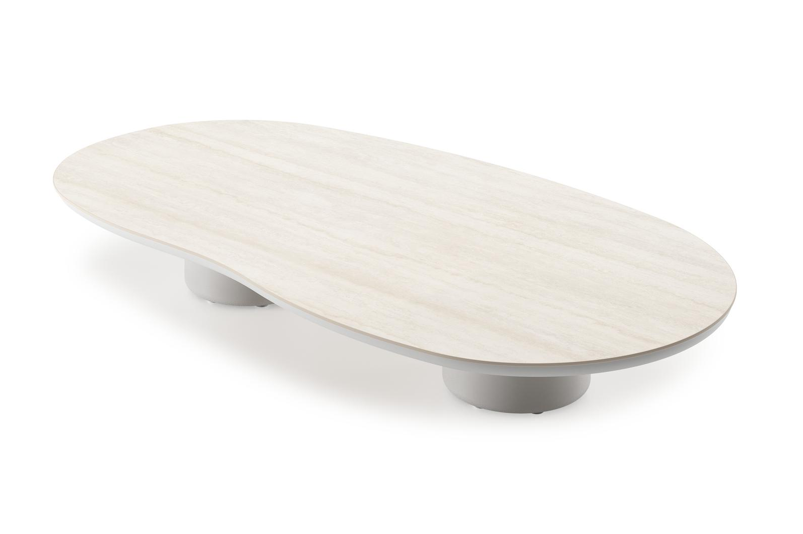 Table de basse Amico organique en aluminium blanc et céramique pleine Travertino Bianco - Lg. 170 x Lrg. 91 x Haut. 25 cm