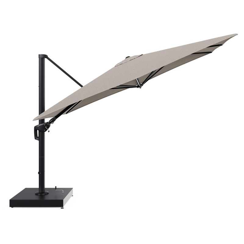 Parasol pendant Minore avec fonction tilt en aluminium noir et toile de parasol All Weather Sunbrella® Luxe Chartres Pewter - Lg.1: 280 x Lg.2: 370 cm avec pied de parasol Minore 260 kg avec roulettes