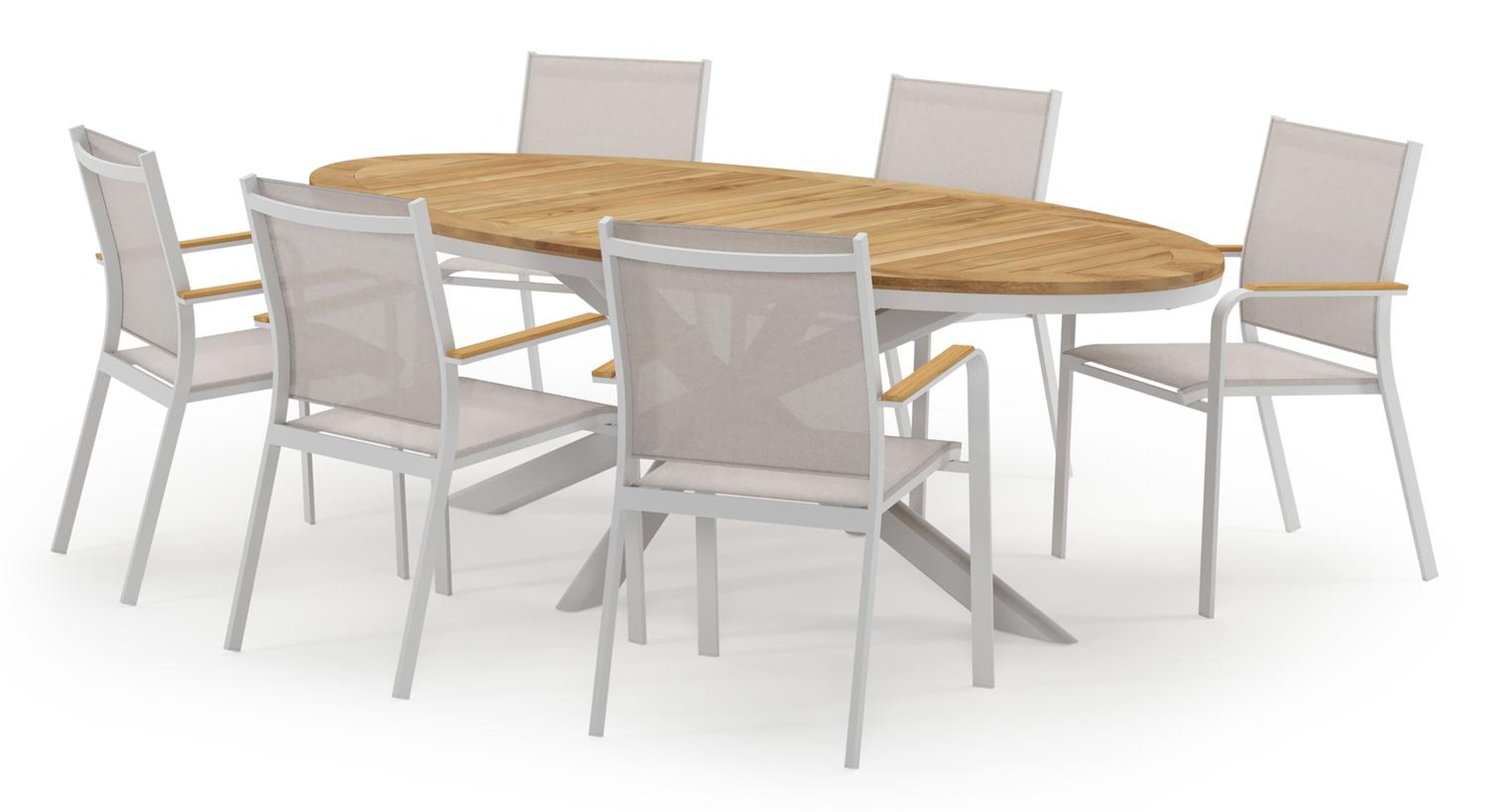 Pamplona ovale tuinset in wit aluminium en teak natural finish met 6 Amalfi tuinstoelen