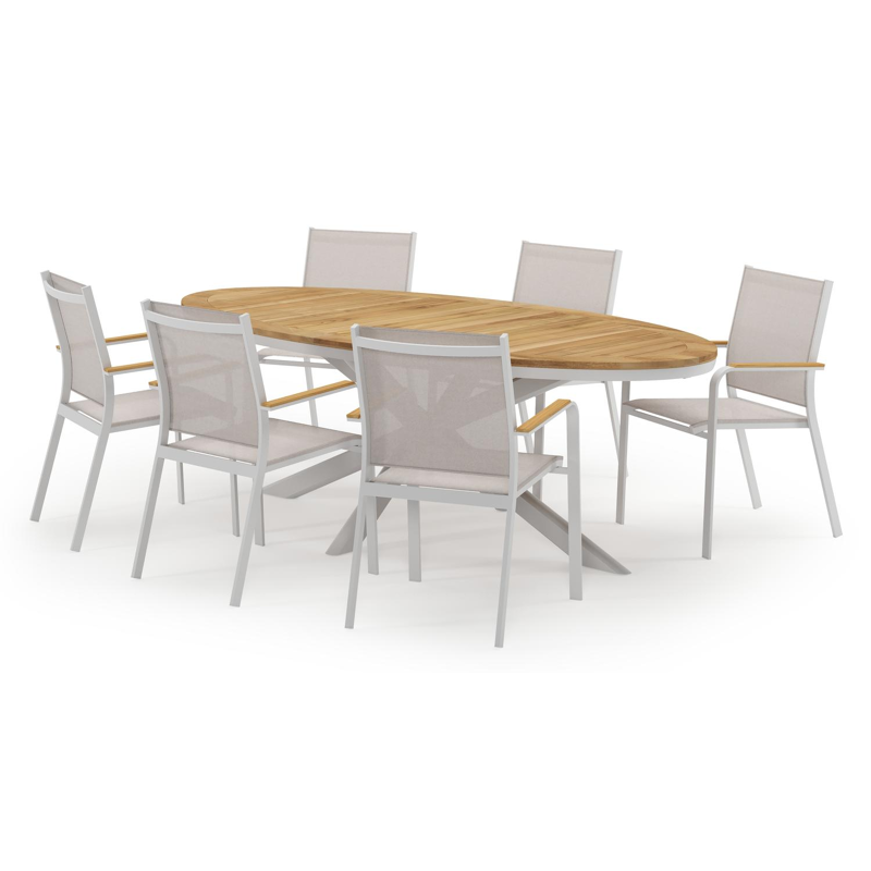 Pamplona ovale tuinset in wit aluminium en teak natural finish met 6 Amalfi tuinstoelen