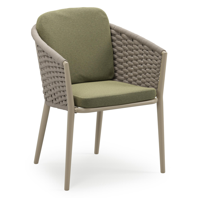 Orso stapelbare tuinstoel in beige aluminium en beige horizontaal geweven ronde rope met stoelkussen in All Weather Sunbrella® Luxe Heritage Leaf