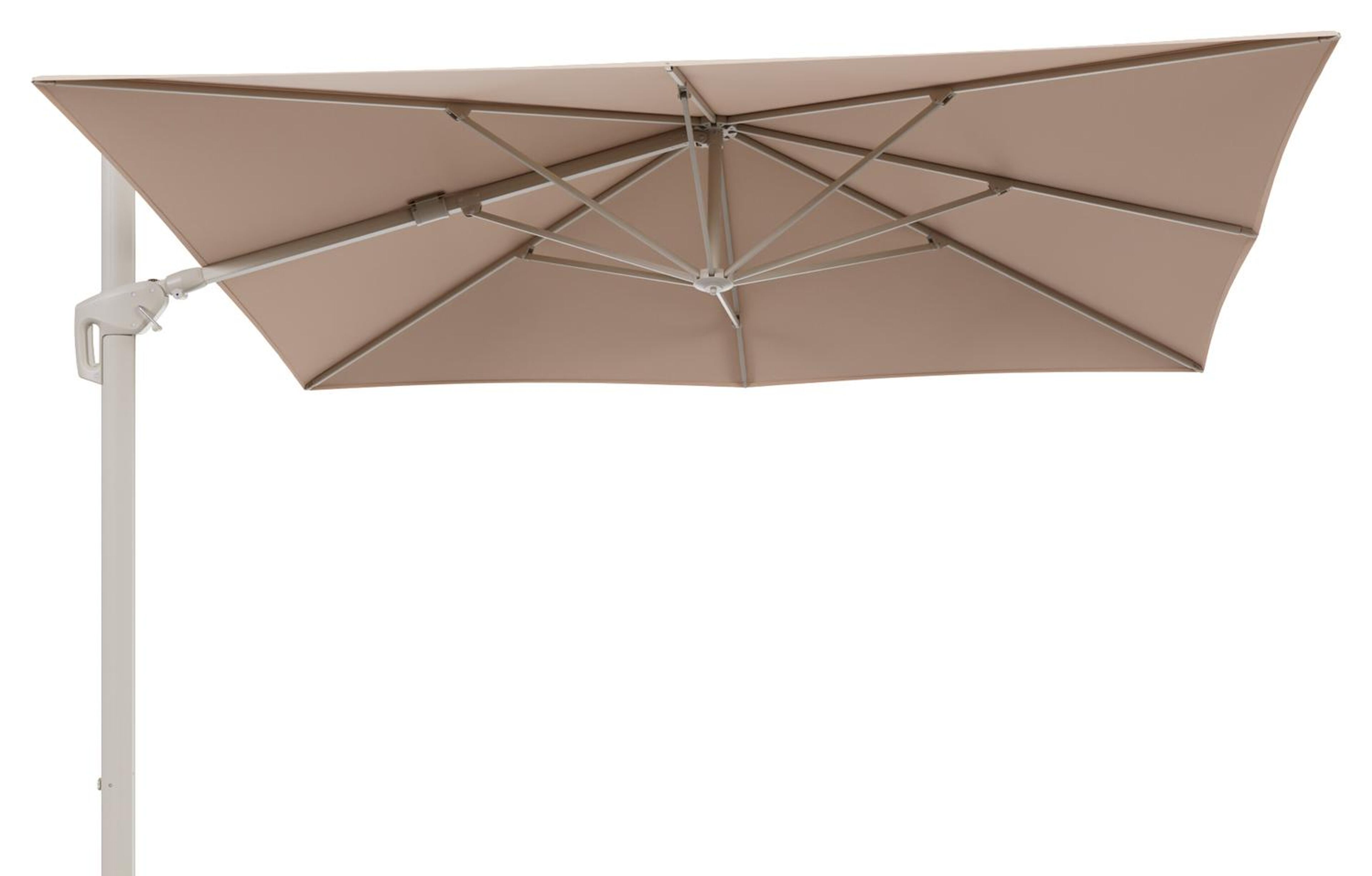 Minore zweefparasol met tiltfunctie in beige aluminium en Natte Linen Chalk All Weather Sunbrella® Luxe parasoldoek - L1 280 x L2 370 cm (zonder voet)