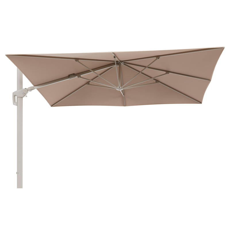 Minore zweefparasol met tiltfunctie in beige aluminium en Natte Linen Chalk All Weather Sunbrella® Luxe parasoldoek - L1 280 x L2 370 cm (zonder voet)