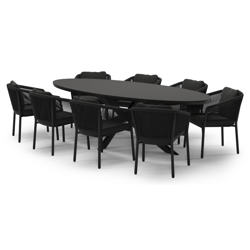 Ensemble de jardin Pamplona en aluminium noir et sintered stone notte minerale avec 8 chaises de jardin Gerona