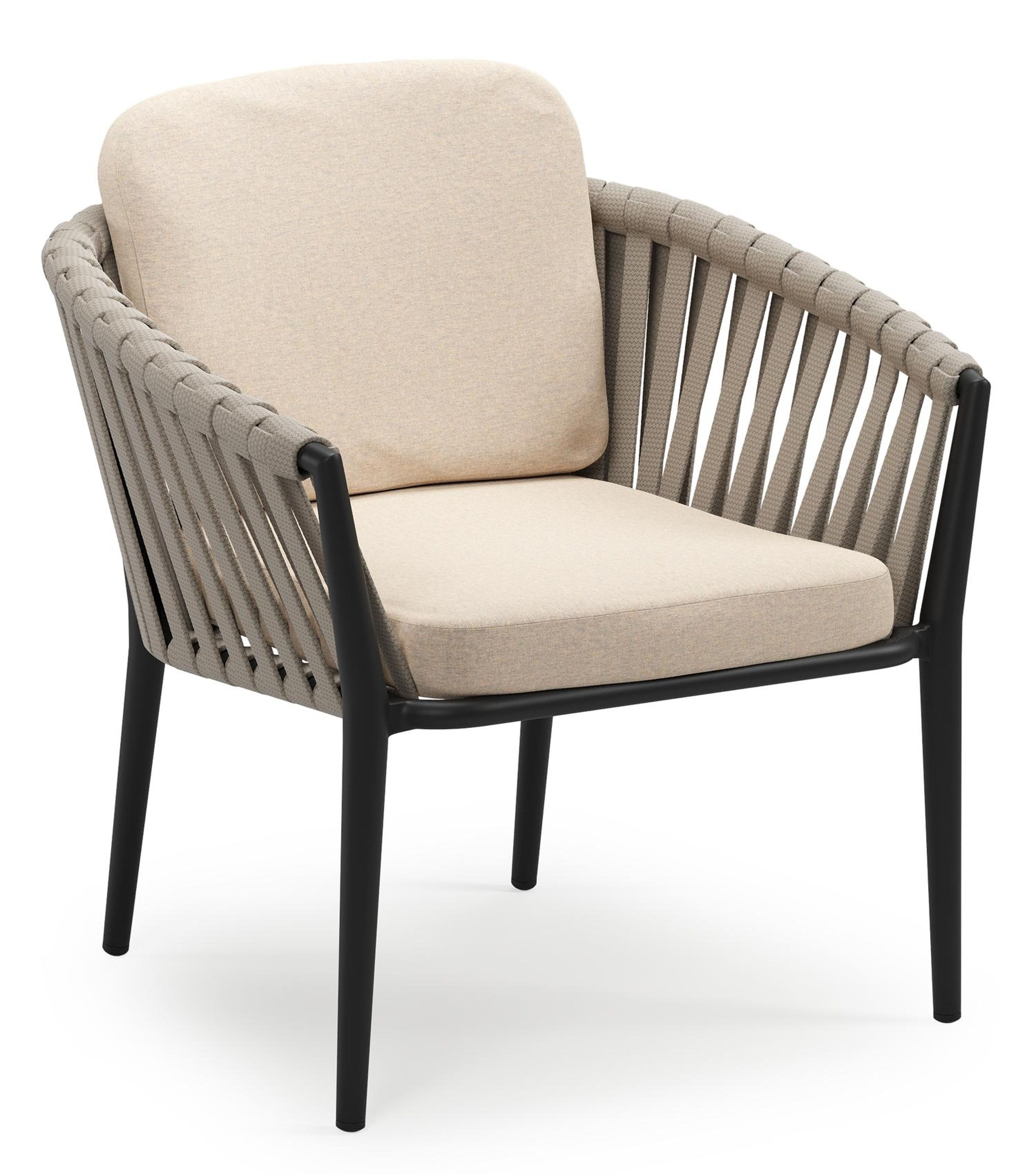 Orso low dining tuinstoel in zwart aluminium en beige verticaal geweven luxe vlakke brede rope met stoelkussen in All Weather Sunbrella® Luxe Heritage Papyrus