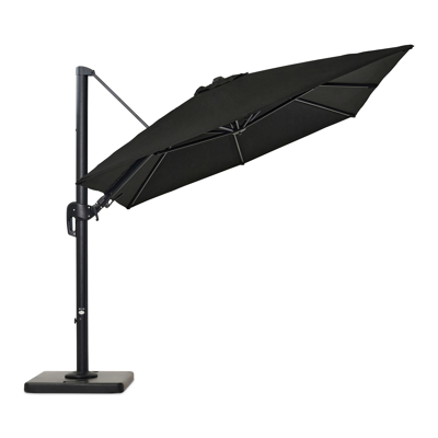 Rufina zweefparasol met tiltfunctie in zwart aluminium met zwart all weather sunbrella® premium parasoldoek - L1: 250 x L2: 350 cm (met voet)