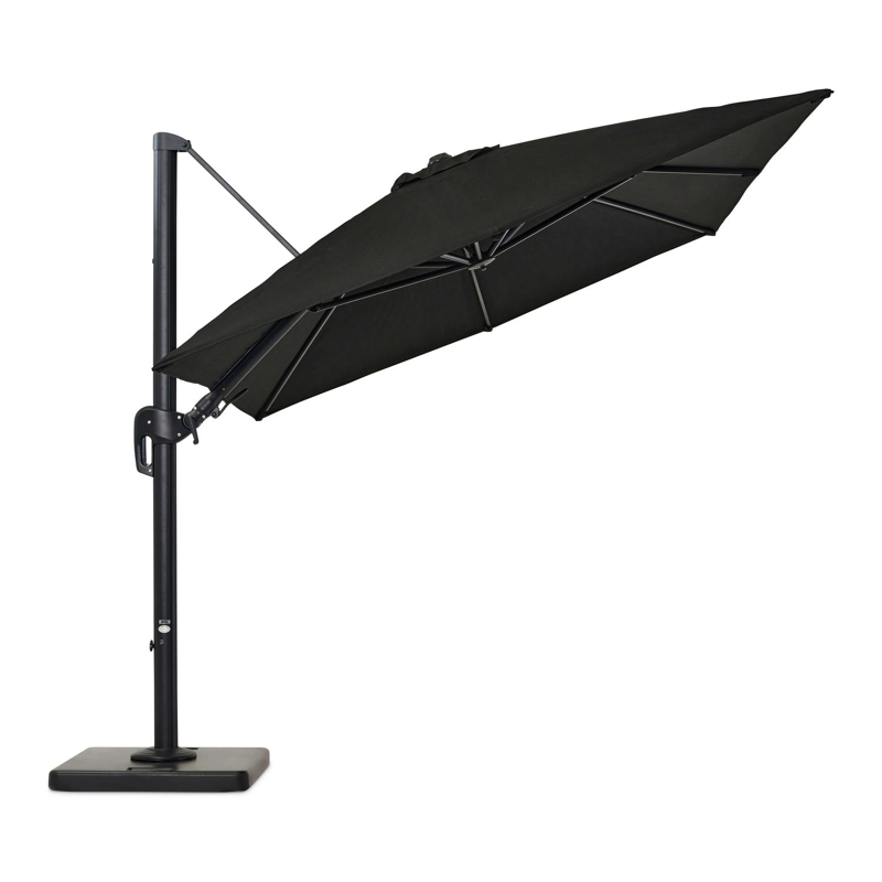 Rufina zweefparasol met tiltfunctie in zwart aluminium met zwart all weather sunbrella® premium parasoldoek - L1: 250 x L2: 350 cm (met voet)