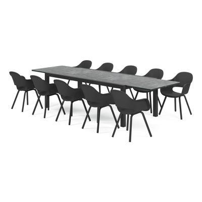 Calobra tuinset met verlengbare tafel in zwart aluminium en grijs glas tafelblad met 10 Artena tuinstoelen