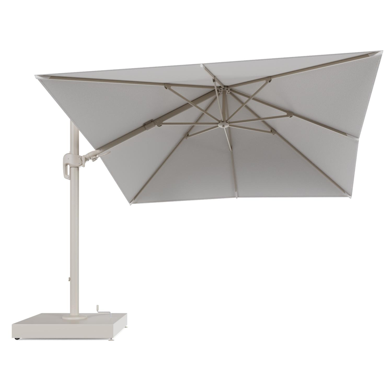 Rufina zweefparasol met tiltfunctie in beige aluminium en Soul Optik All Weather Solica parasoldoek - L1 300 x L2 300 cm met parasolvoet Minore 260 kg met wielen