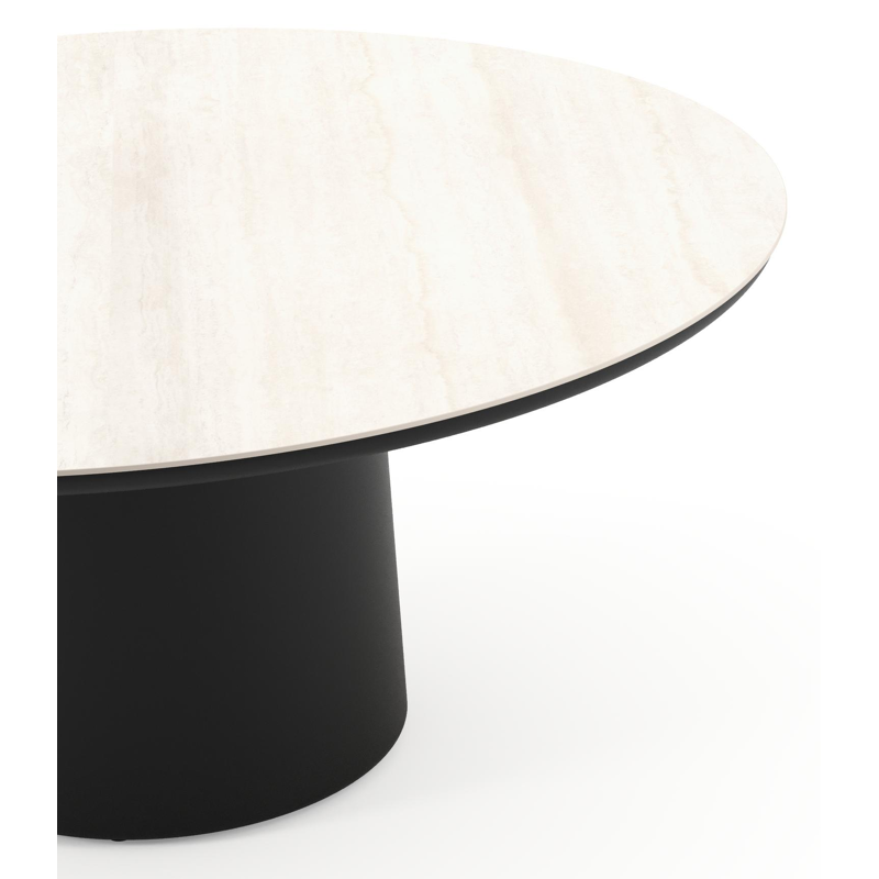 Amico low dining tuintafel rond in zwart aluminium en volkeramiek Travertino Bianco - Dia. 148 x H 61 cm