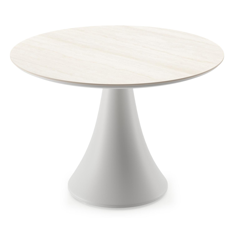 Table de basse low dining Fano ronde en aluminium blanc et céramique pleine Travertino Bianco - Diam. 80 x Haut. 55 cm