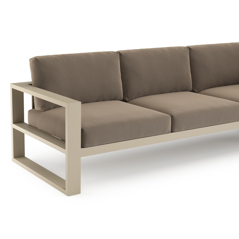 Verato loungehoek in beige aluminium met natte heather grey all weather sunbrella® luxe kussen