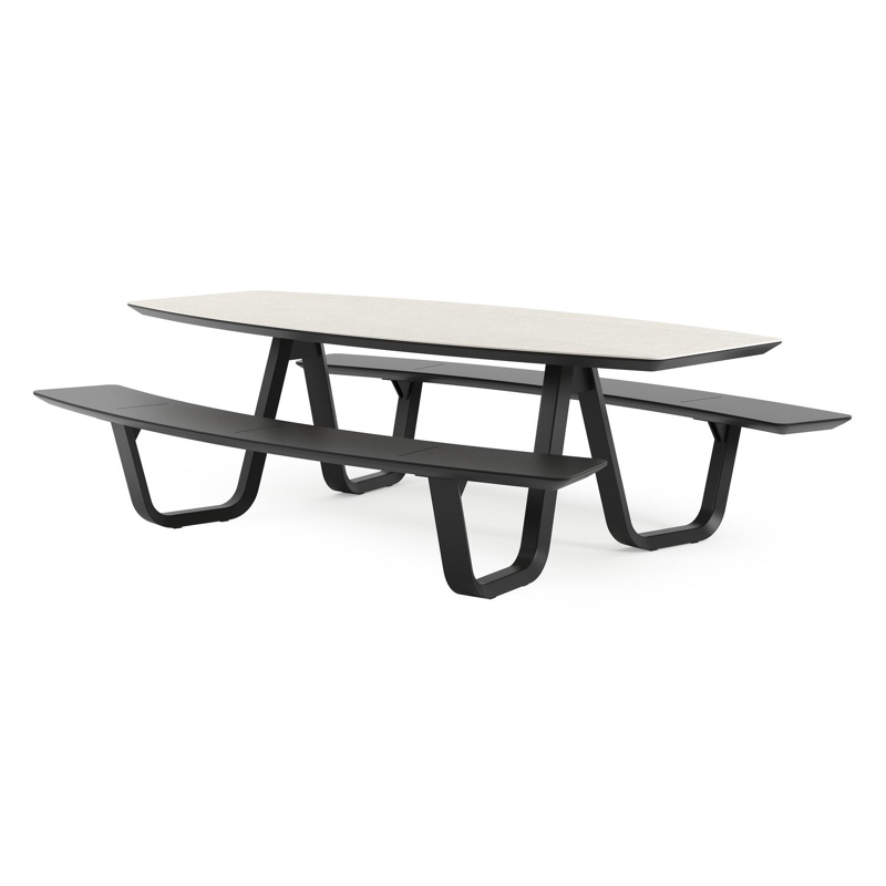 Table de pique-nique Forno forme de bateau en aluminium noir et céramique pleine Shilin - Lg. 240 x Lrg. 181 x Haut. 72 cm
