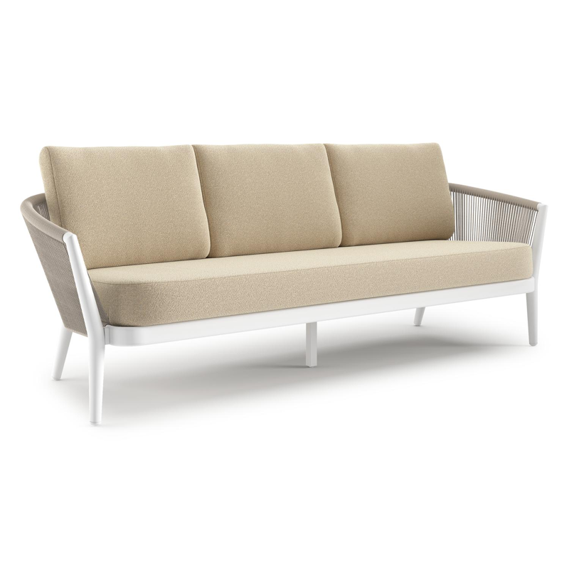 Canapé de jardin Orso en aluminium blanc en corde ronde tissée verticalement beige et coussins en all weather solica Soul Papyrus