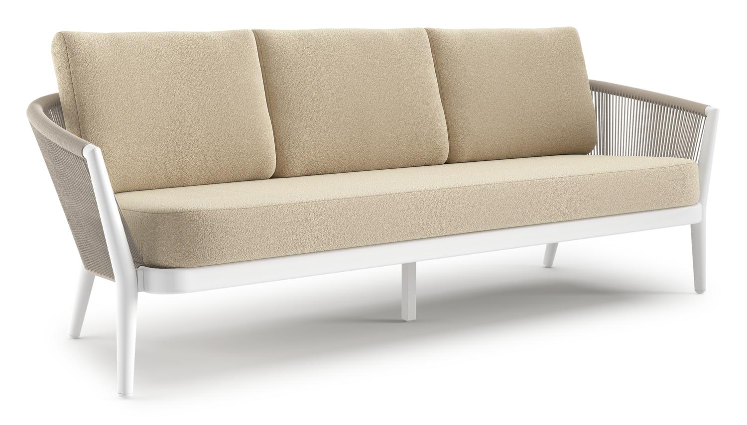 Canapé de jardin Orso en aluminium blanc en corde ronde tissée verticalement beige et coussins en all weather solica Soul Papyrus