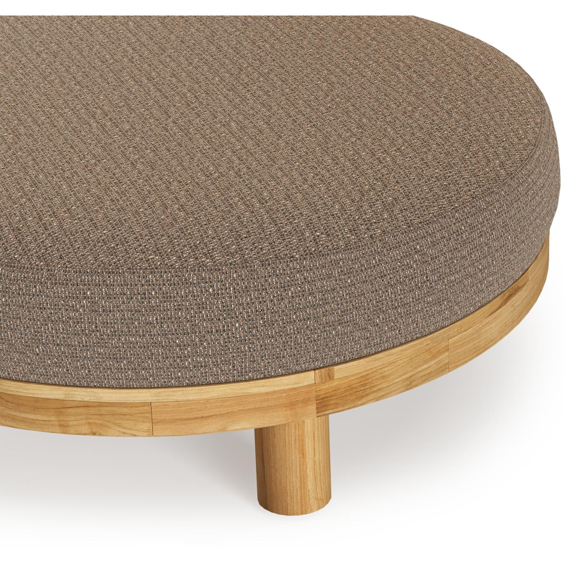 Donato lounge poef in teak en beige verticaal geweven ronde rope met all weather solica Firenze Bamboe kussen