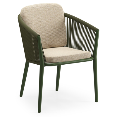 Orso tuinstoel in groen aluminium en groen verticaal geweven ronde rope met luxe zitkussen in All Weather Cosytica Althea Camel