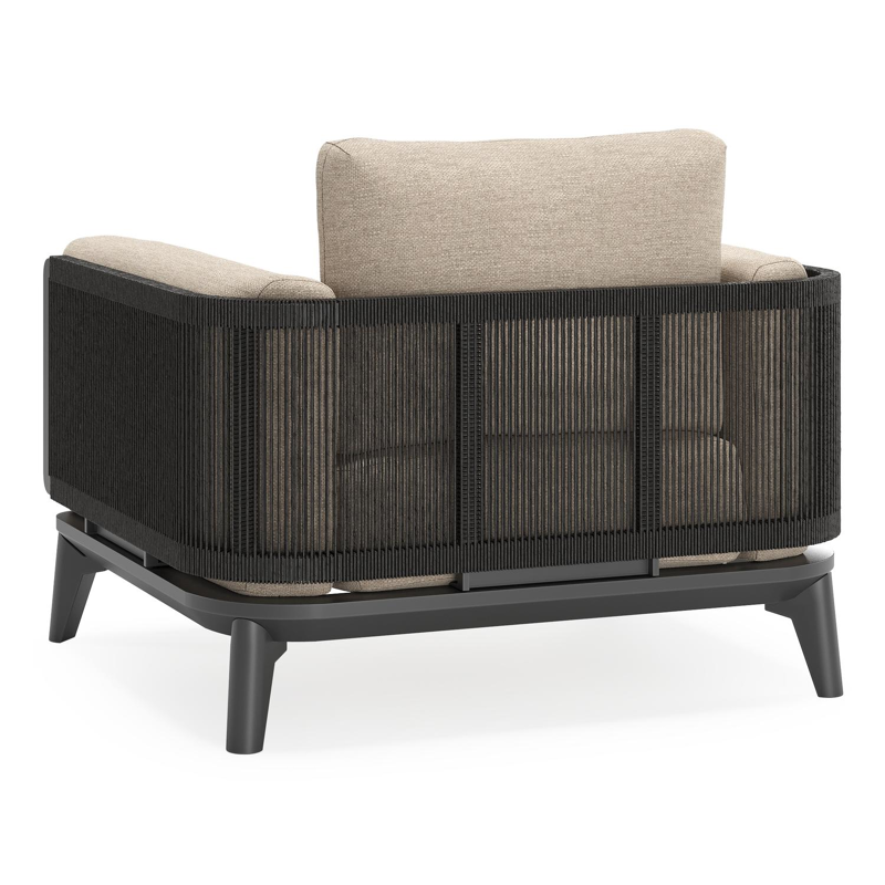 Mosa loungestoel in aluminium en zwart gedraaide ronde wicker met rustic weather+ softtouch kussen