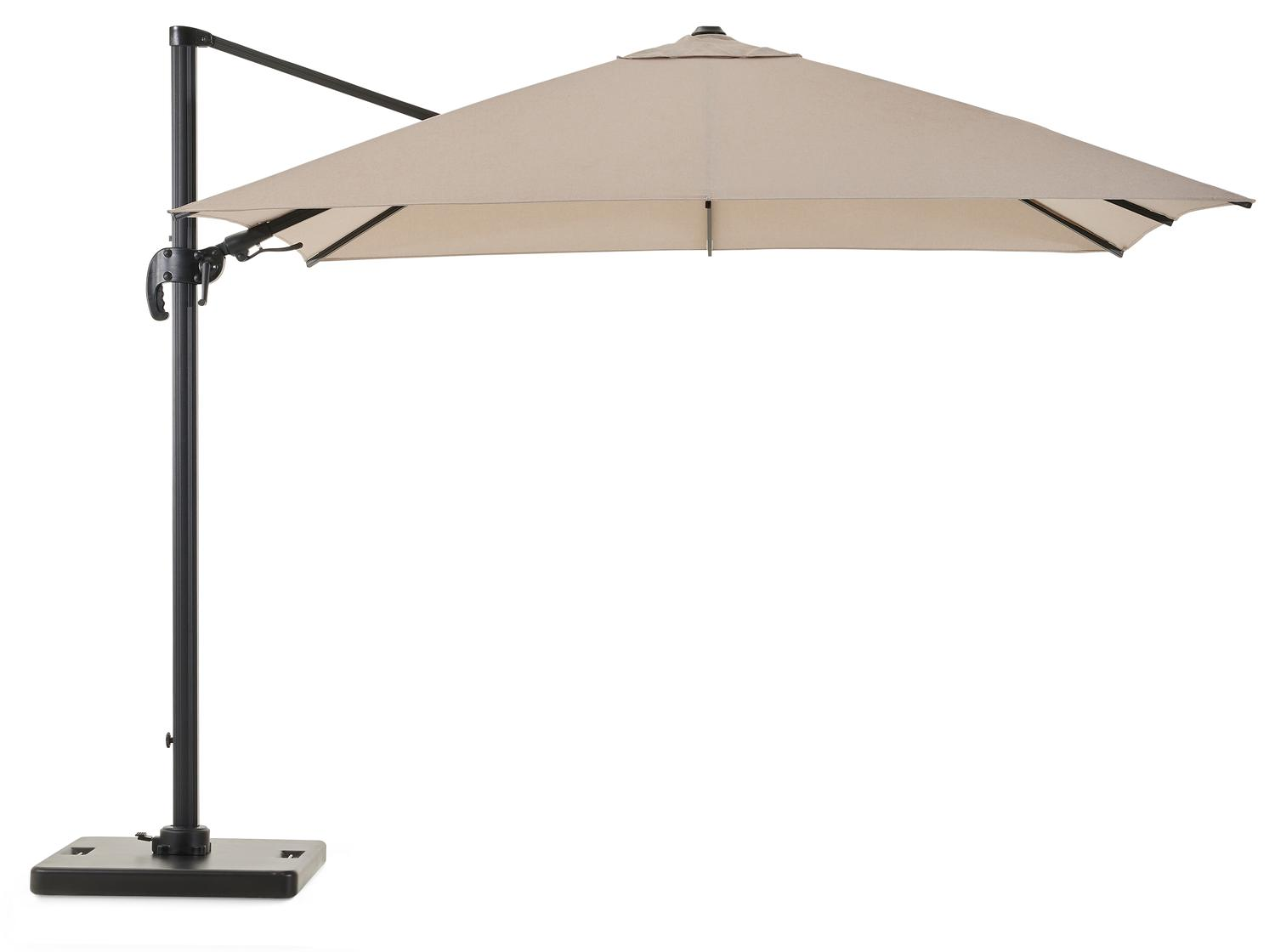Avola zweefparasol met tiltfunctie in zwart aluminium en natural Weather+ Softtouch parasoldoek - L1 300 x L2 300 cm met Pedito parasolvoet 120 kg