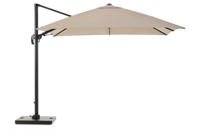 Avola zweefparasol met tiltfunctie in zwart aluminium en natural Weather+ Softtouch parasoldoek - L1 300 x L2 300 cm met Pedito parasolvoet 120 kg