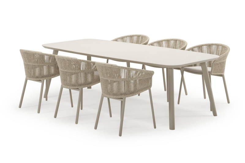 Mosa bootvormige tuinset in beige aluminium en sintered stone crema minerale met 6 Matera tuinstoelen