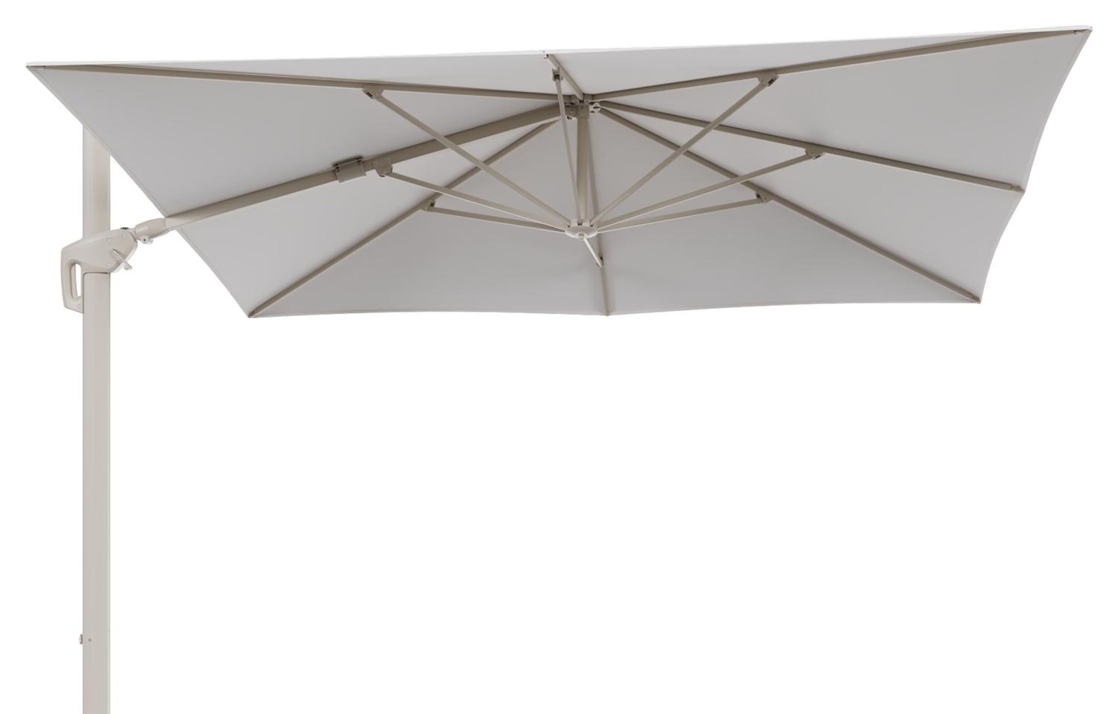 Minore zweefparasol met tiltfunctie in beige aluminium en Lopi Snow All Weather Sunbrella® Luxe parasoldoek - L1: 280 x L2: 370 cm (zonder voet) (zonder voet)