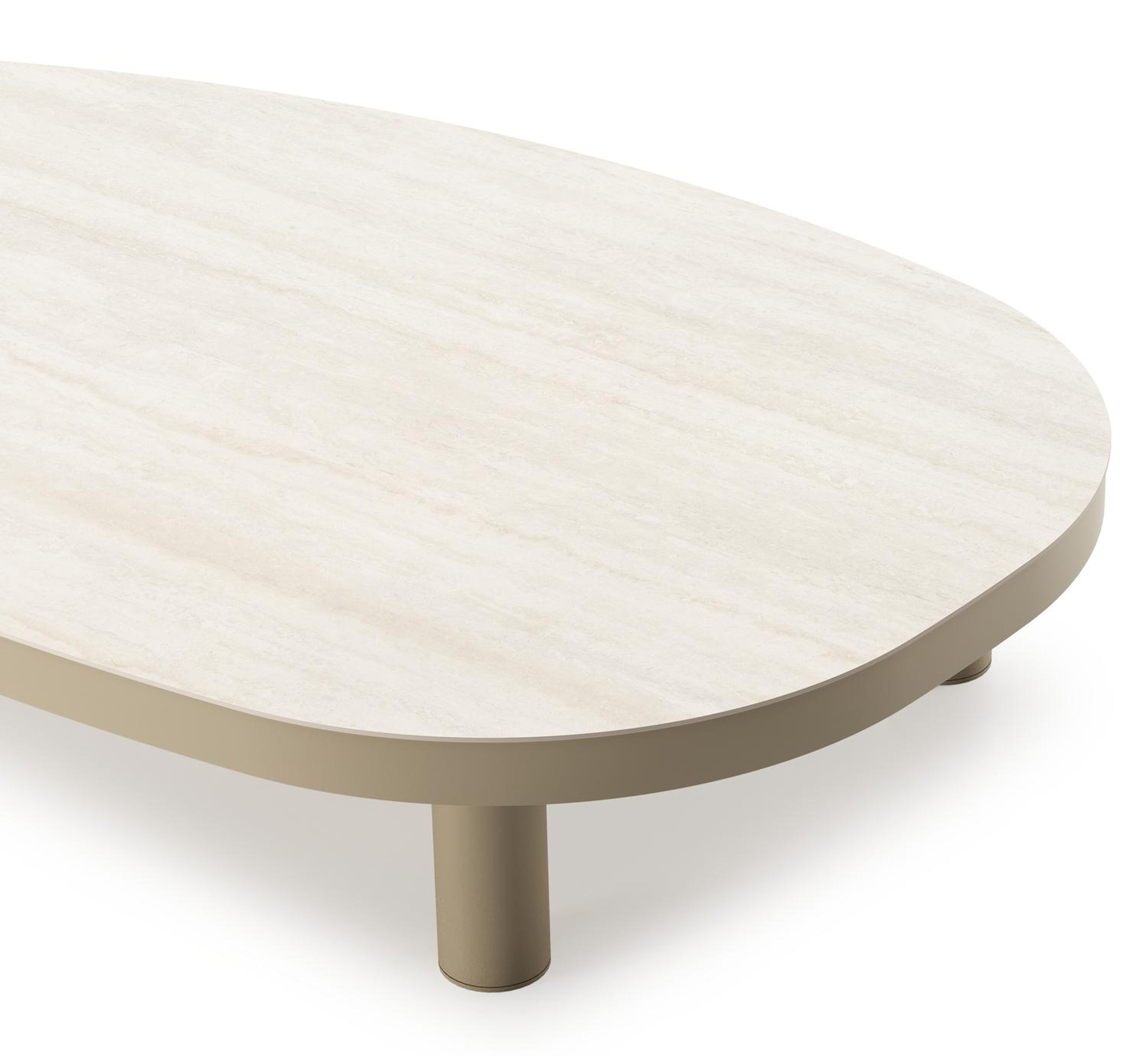Table de basse Donato organique en aluminium beige et céramique pleine Travertino Bianco - Lg. 151 x Lrg. 90 x Haut. 25 cm