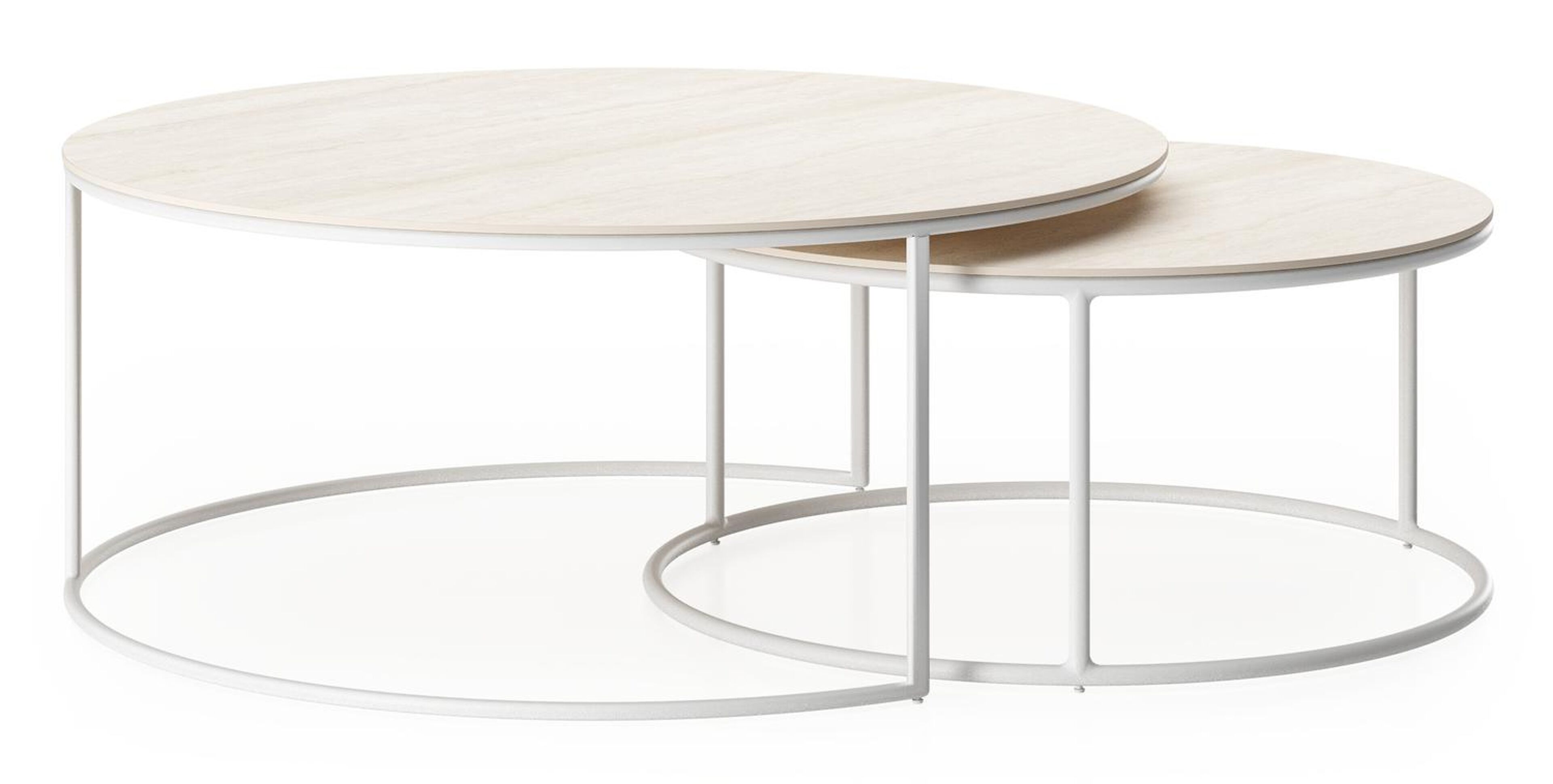 Ensemble de 2 tables d'appoint Fano ronde en aluminium blanc et céramique pleine Travertino Bianco - Diam. 85 x Haut. 75 cm
