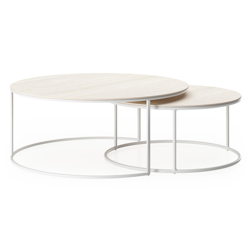 Ensemble de 2 tables d'appoint Fano ronde en blanc aluminium et céramique pleine Travertino Bianco - Diam. 85 x Haut. 35 cm