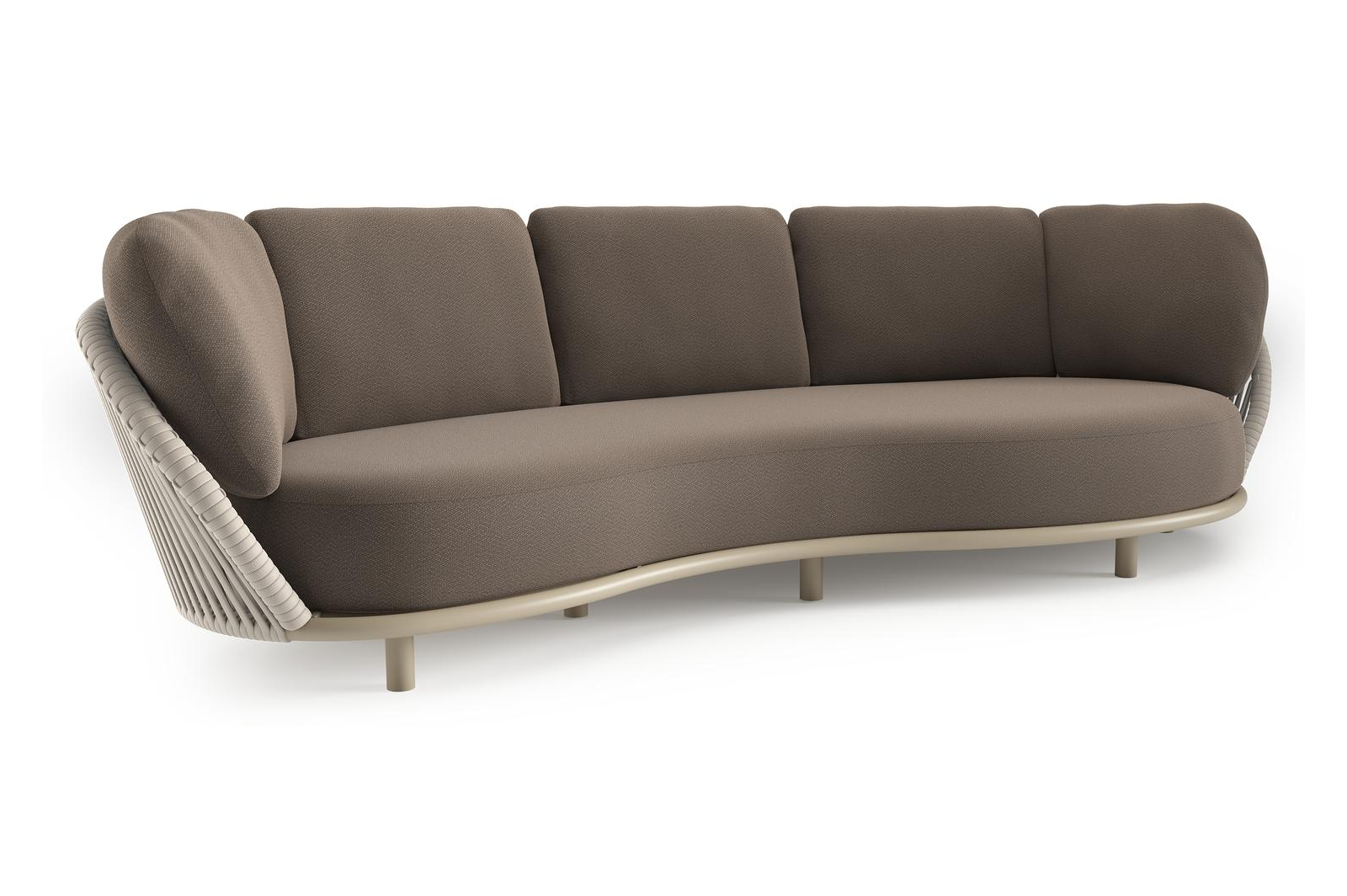 Lupino loungebank in beige aluminium en beige verticaal geweven luxe vlakke brede rope met lopi coconut all weather sunbrella® luxe kussen