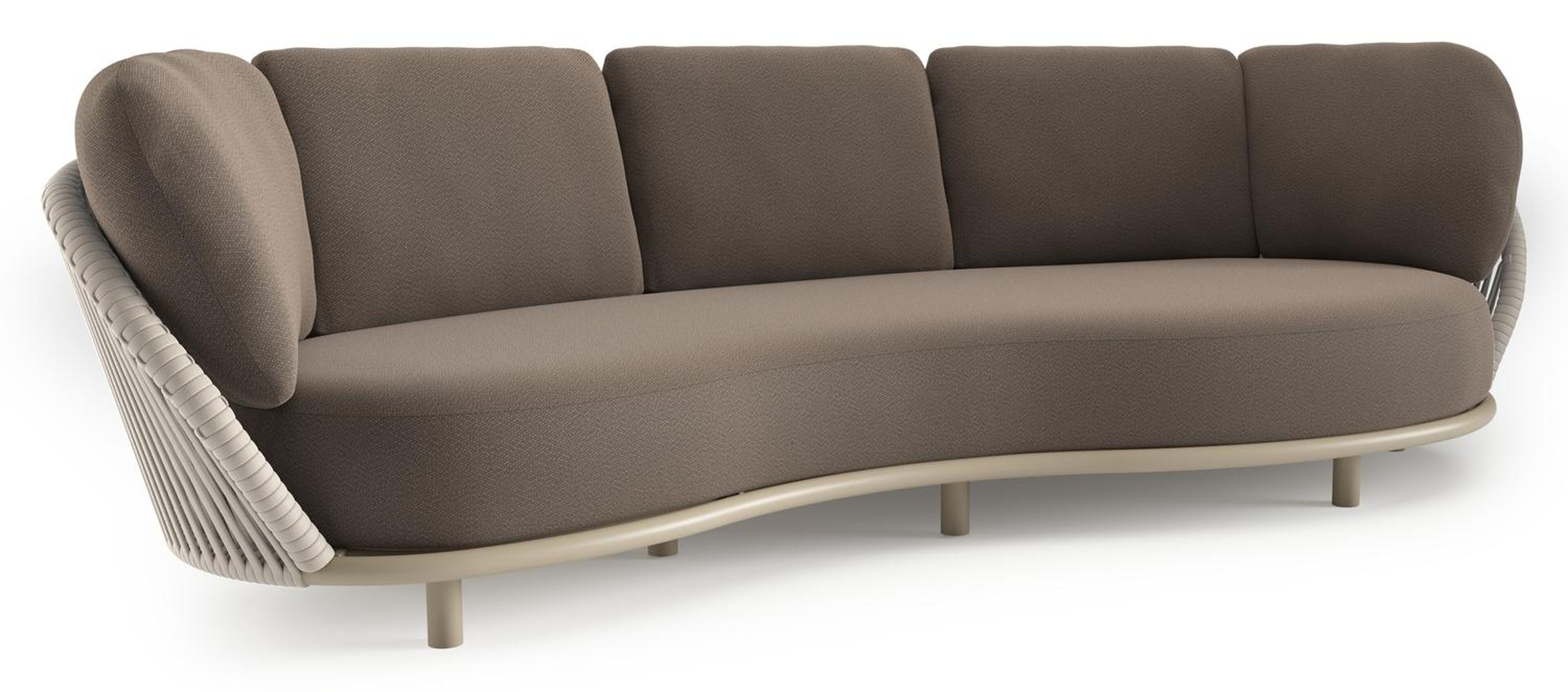 Lupino loungebank in beige aluminium en beige verticaal geweven luxe vlakke brede rope met lopi coconut all weather sunbrella® luxe kussen