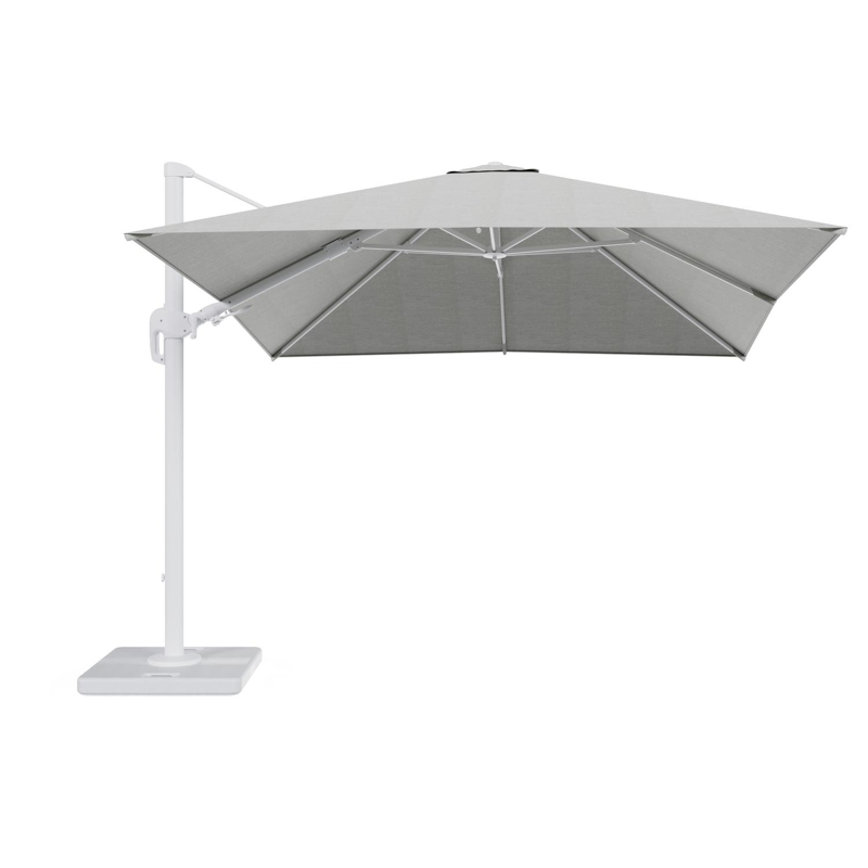 Rufina zweefparasol met tiltfunctie in wit aluminium met grijs all weather sunbrella® premium parasoldoek - L1 300 x L2 300 cm met parasolvoet Lapido 120 kg