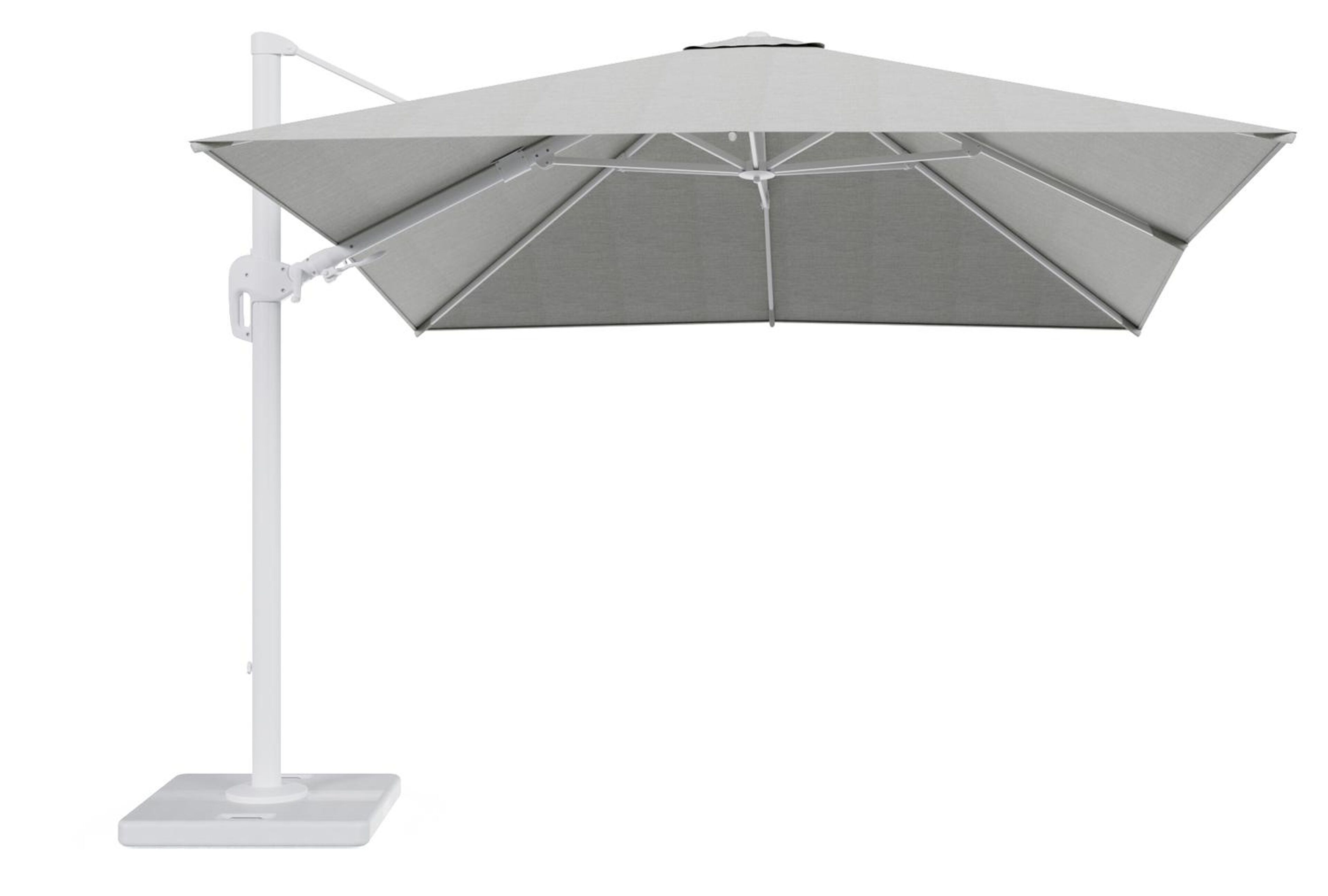 Parasol pendant Rufina avec fonction tilt en aluminium blanc avec toile de parasol en all weather sunbrella® premium gris - Lg.1 300 x Lg.2 300 cm avec pied de parasol Lapido 120 kg
