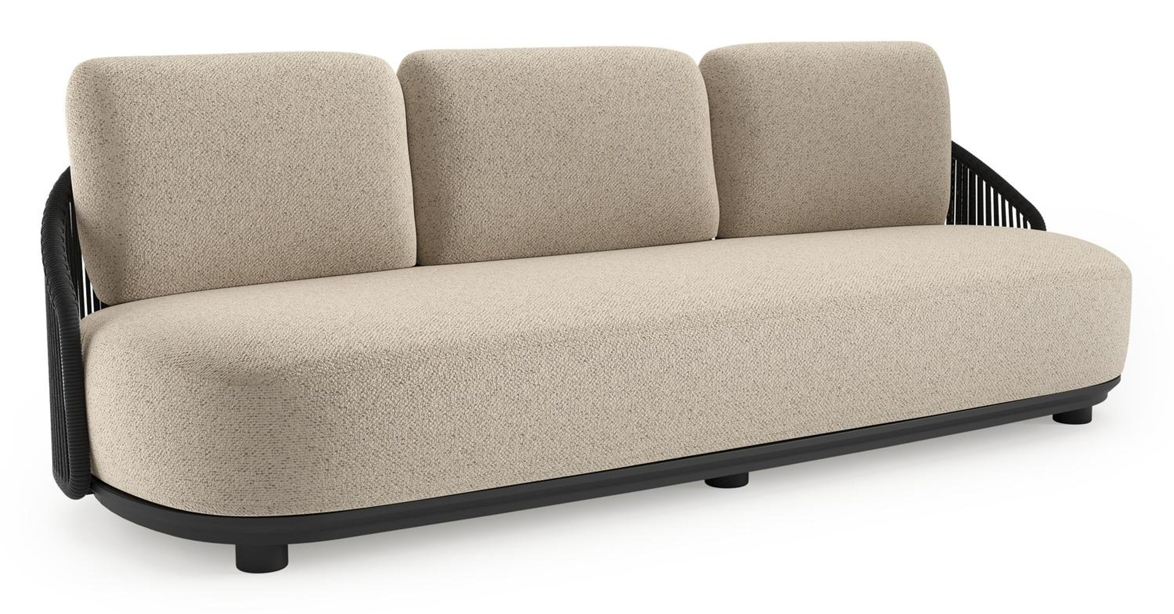 Canapé de jardin Vadelo en aluminium noir et corde ronde tissée verticalement noir et coussins en all weather cosytica bora desert