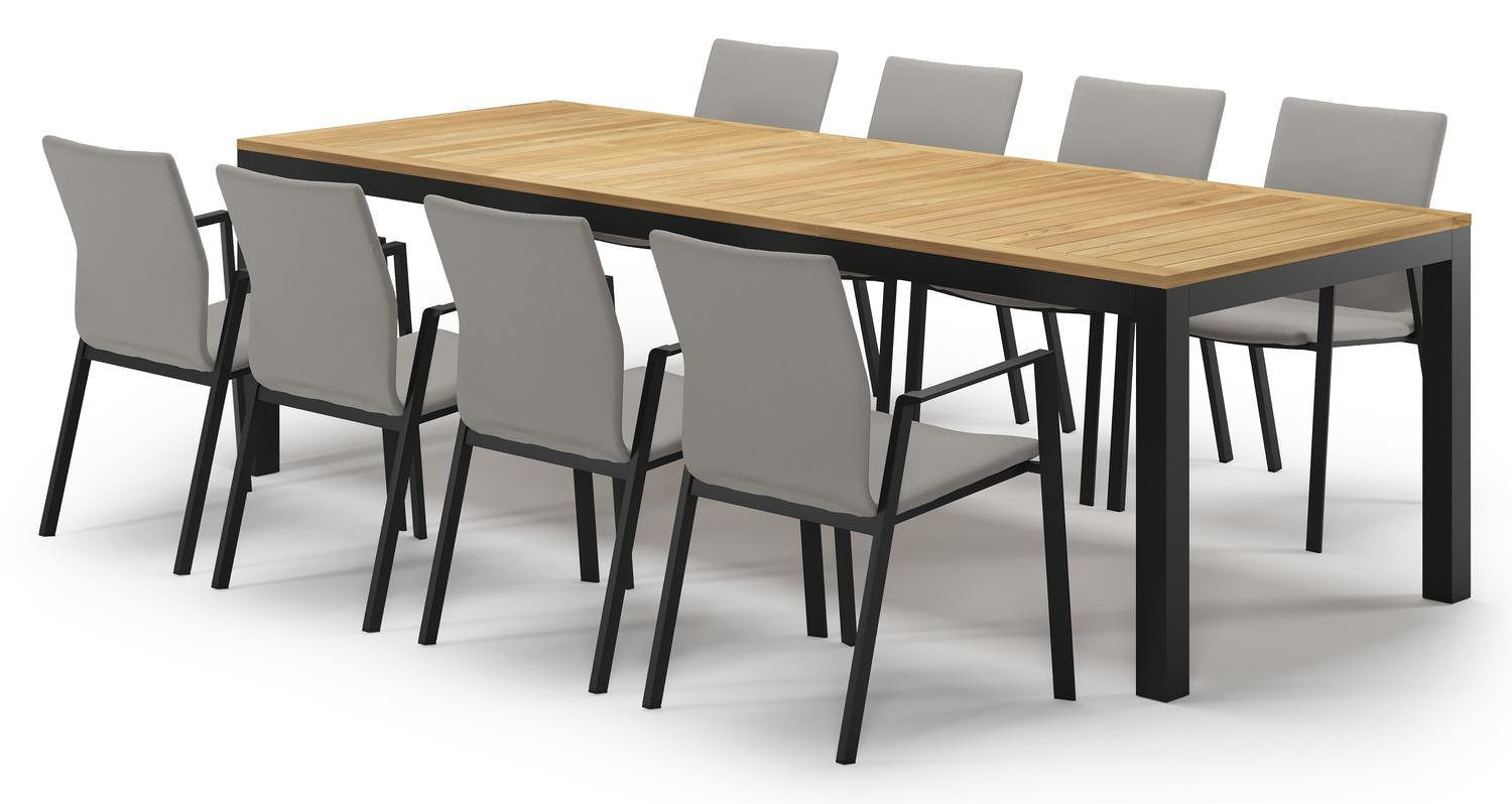 Varese tuinset in zwart aluminium en naturel teak tafelblad met 8 stapelbare Madura tuinstoelen