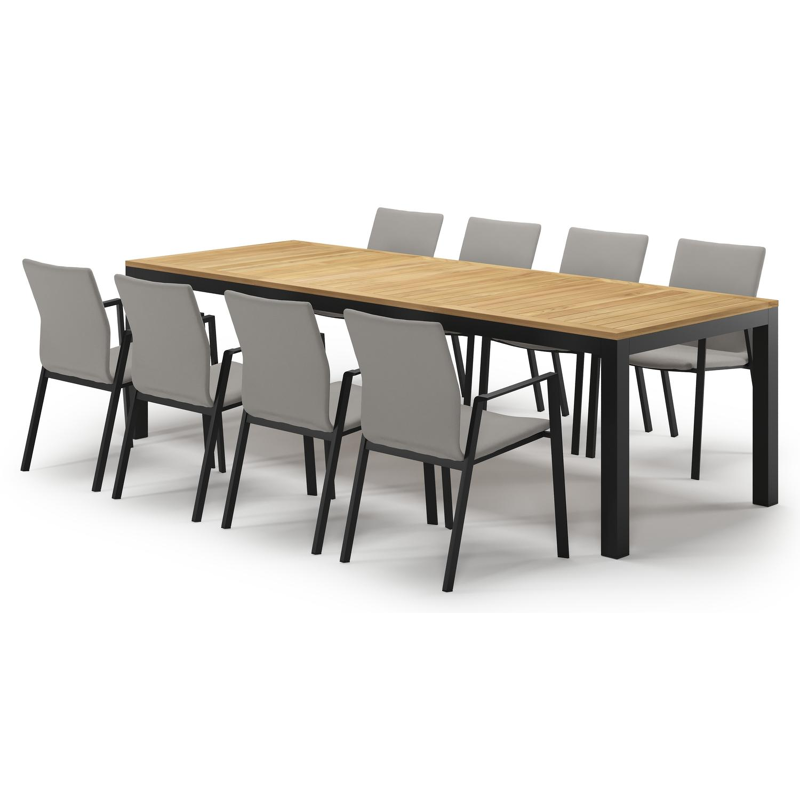 Varese tuinset in zwart aluminium en naturel teak tafelblad met 8 stapelbare Madura tuinstoelen