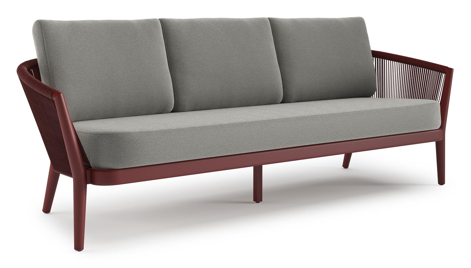 Canapé de jardin Orso en aluminium ruby en corde ronde tissée verticalement ruby et coussins en all weather sunbrella® luxe Savane Zinc