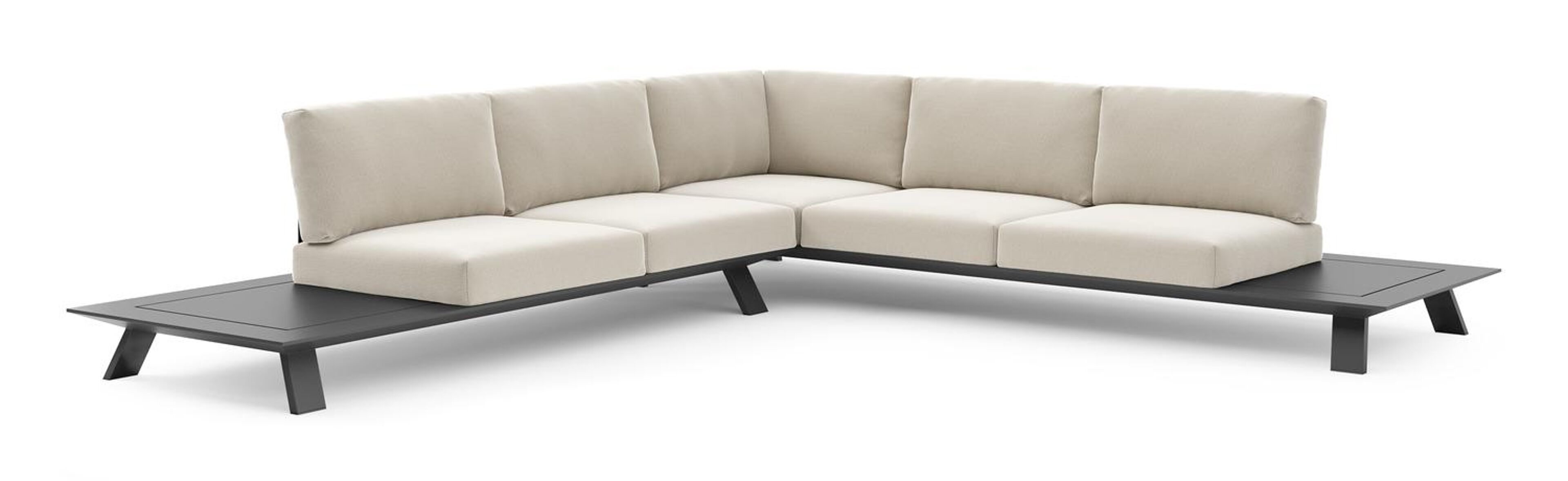 Salon de jardin d'angle Cesano en aluminium noir et coussin en all weather Sunbrella® luxe lopi marble