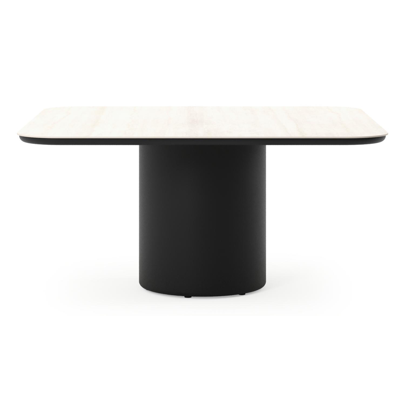Amico tuintafel afgerond vierkant in zwart aluminium en volkeramiek Travertino Bianco - L 148 x B 148 x H 73.5 cm