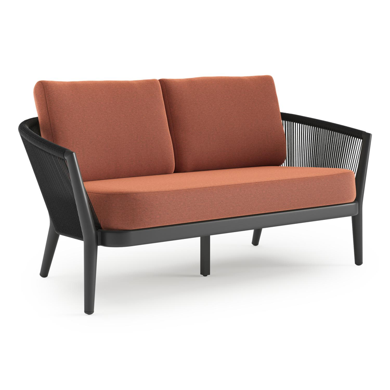 Orso loungebank in zwart aluminium en zwart verticaal geweven ronde rope met Heritage Rust all weather sunbrella® luxe kussen