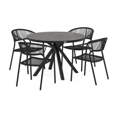 Tora tuinset in zwart aluminium en grijs keramische print tafelblad met 4 stapelbare Vigo tuinstoelen
