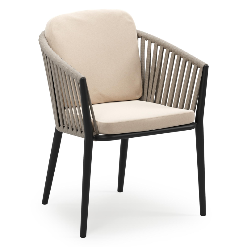 Chaise de jardin empilable Orso en aluminium noir et corde large plate de luxe tissée verticalement beige avec coussin en All Weather Sunbrella® Luxe Natte Linen Chalk