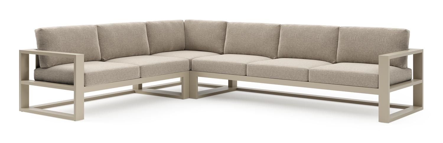 Verato loungehoek in beige aluminium met chartres pewter all weather sunbrella® luxe kussen