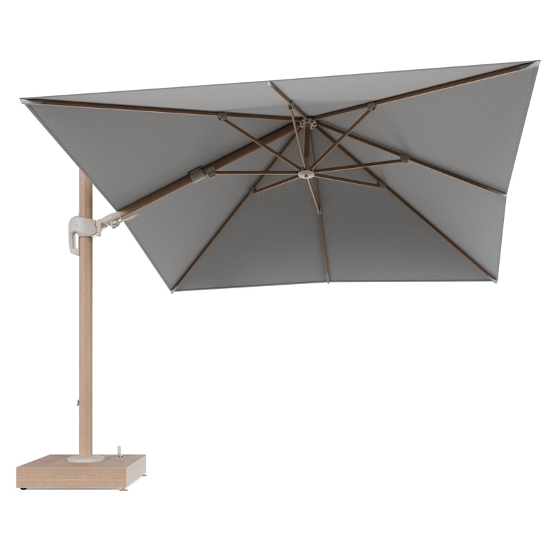 Rufina zweefparasol met tiltfunctie in houtlook aluminium en Savane Nimbus All Weather Sunbrella® Luxe parasoldoek - L1 300 x L2 300 cm met parasolvoet Minore 150 kg met wielen