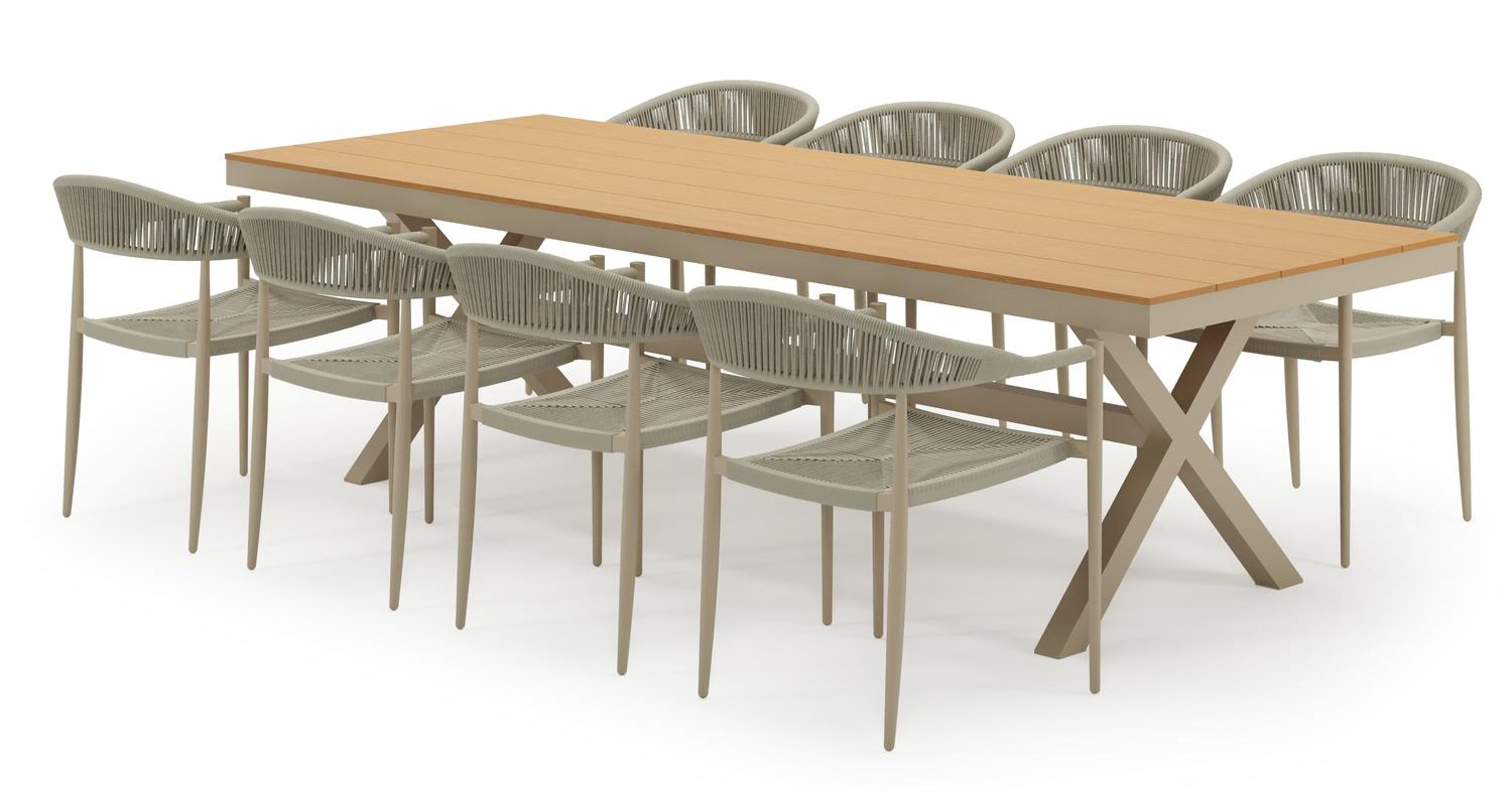 Ensemble de jardin Bahia en aluminium beige et polywood avec 8 chaises de jardin Guarda