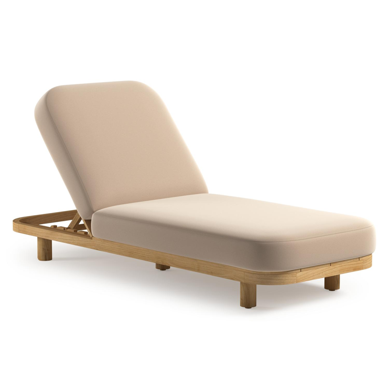 Chaise longue réglable Donato en teck avec All Weather Sunbrella® luxe natte linen chalk coussin